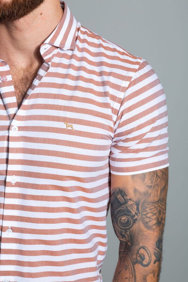Camisa Manga Corta Rayas Gruesas Café (Slim Fit) - Victor