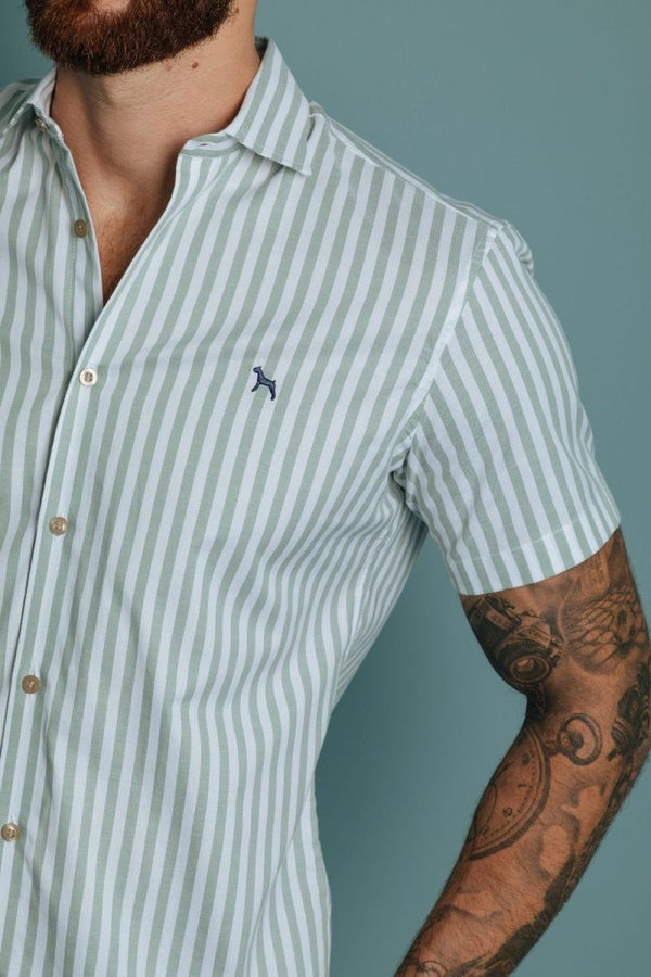 Camisa Manga Corta Rayas Verde (Slim Fit)