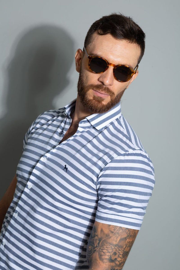 Camisa Manga Corta Rayas Azul (Slim Fit) - Victor