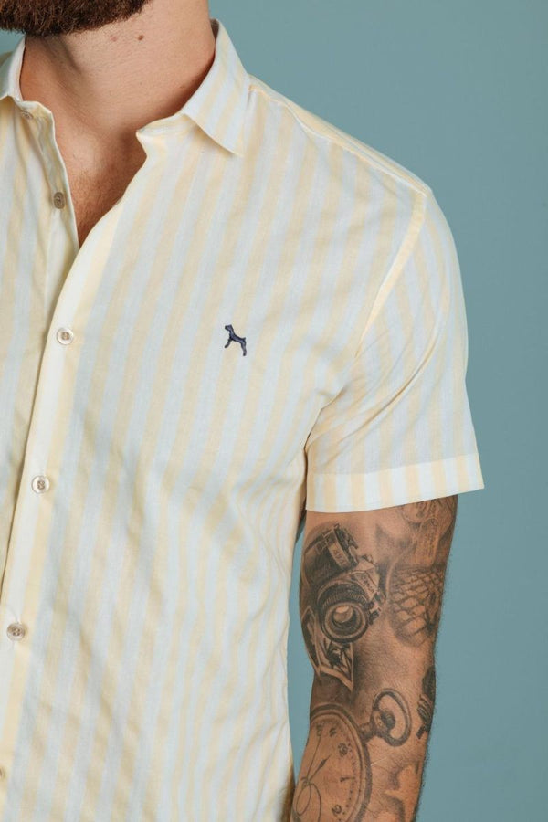 Camisa  Manga Corta Rayas Amarillo Claro (Slim Fit)
