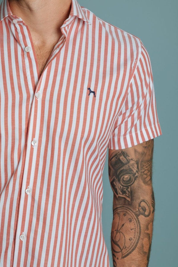 Camisa Manga Corta Rayas Rojo (Slim Fit)