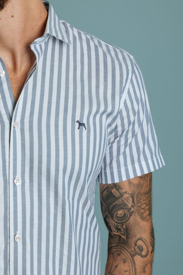 Camisa Manga Corta Rayas Azul (Slim Fit)