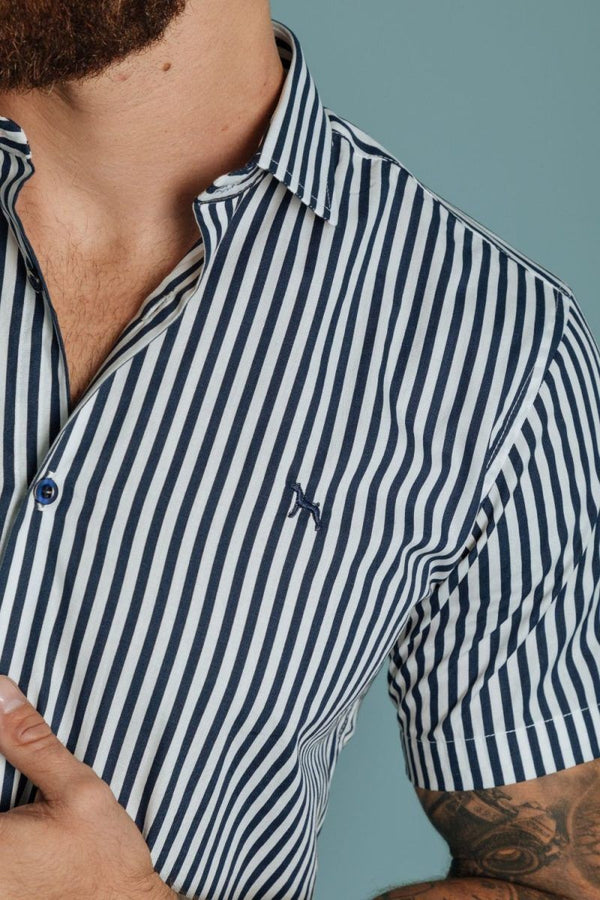 Camisa Manga Corta Rayas Azul Turquí (Slim Fit)
