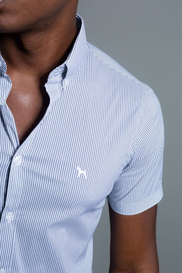 Camisa Manga Corta Rayas Gris (Slim Fit) - Victor