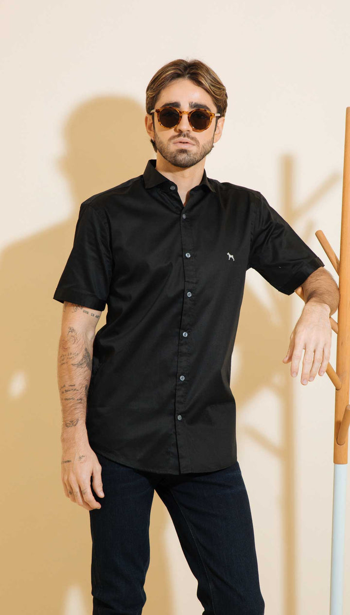 Camisa Manga Corta Fondo Entero Negro (Slim Fit) - Victor