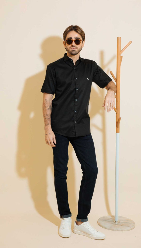 Camisa Manga Corta Fondo Entero Negro (Slim Fit) - Victor