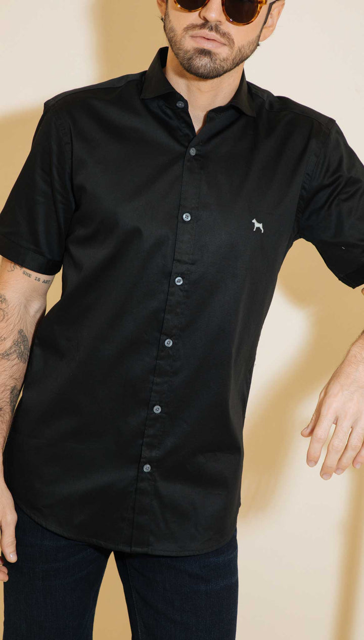 Camisa Manga Corta Fondo Entero Negro (Slim Fit) - Victor