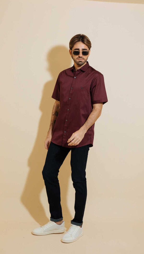 Camisa Manga Corta Fondo Entero Vinotinto (Slim Fit) - Victor