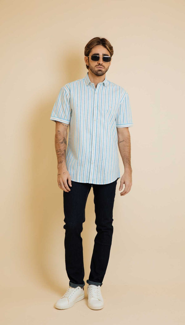 Camisa  Manga Corta Rayas Baby Blue (Modern Fit) - Victor