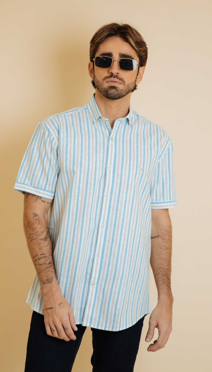 Camisa  Manga Corta Rayas Baby Blue (Modern Fit) - Victor