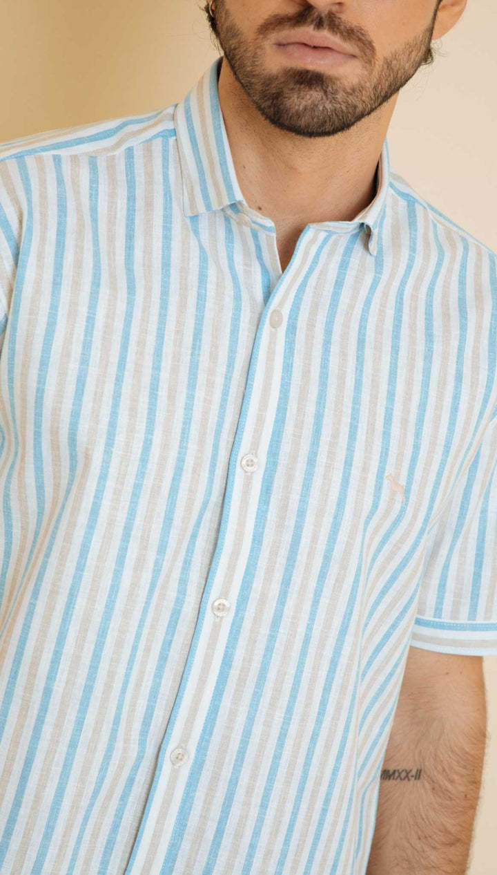 Camisa  Manga Corta Rayas Baby Blue (Modern Fit) - Victor