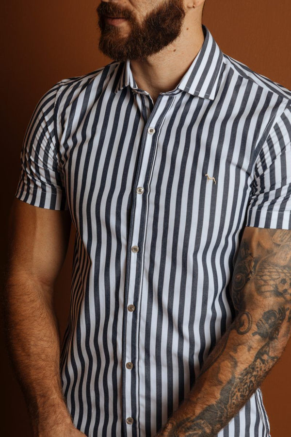 Camisa Manga Corta Rayas Azul Turqui (Slim Fit)