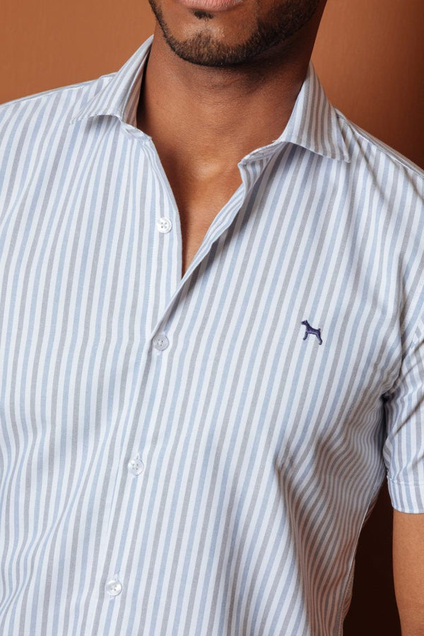 Camisa Manga Corta Rayas Azul/Gris (Slim Fit)