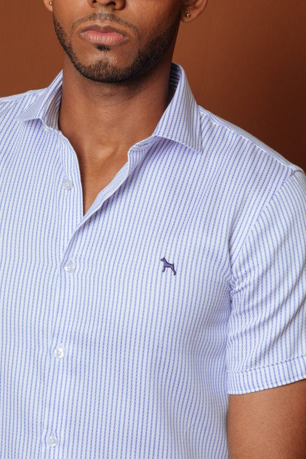 Camisa Manga Corta Rayas Azul Claro (Slim Fit)