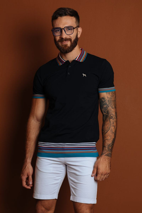 Polo Fashion Negro/Cuello Rayas (Slim Fit)