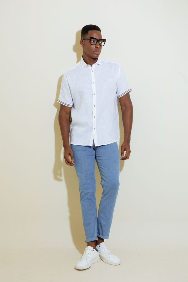 Camisa Manga Corta Lino Blanco - Rayas Manga (Modern Fit)