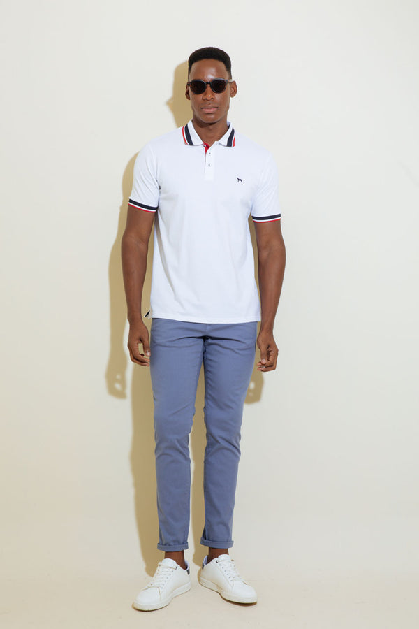 Polo Fashion Blanco - Rayas Cuello Navy (Custom Fit)