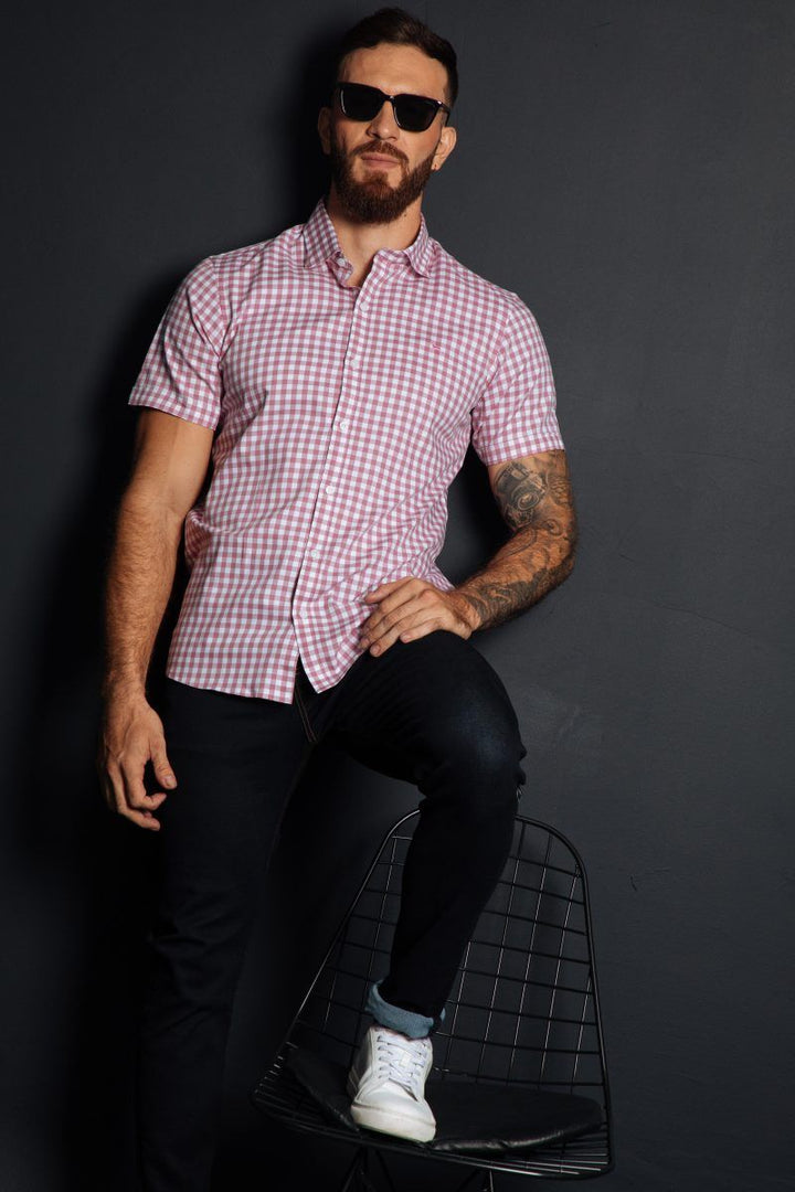 Camisa Manga Corta Cuadros Rosado (Slim Fit) - Victor