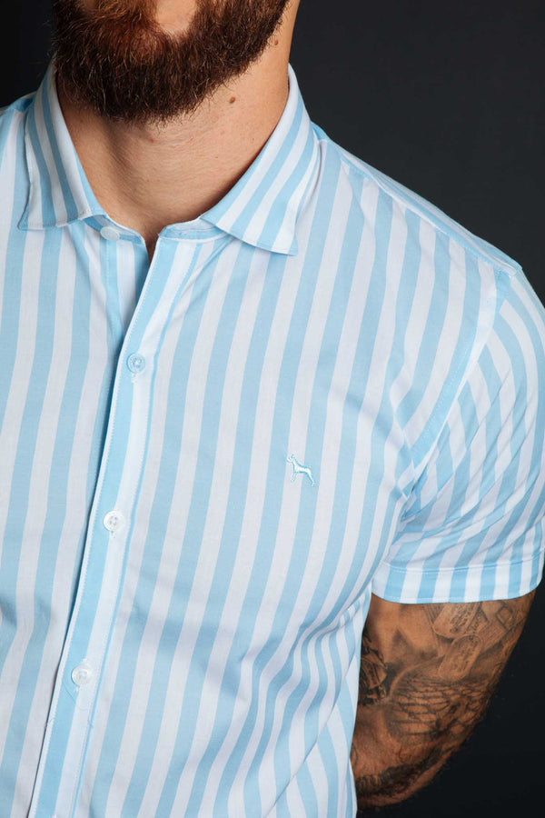 Camisa Manga Corta Rayas Azul Claro(Slim Fit)