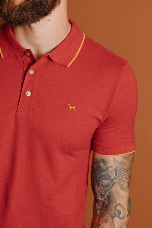 Polo Basica Fondo Entero Rojo Raya Mostaza (Slim Fit)