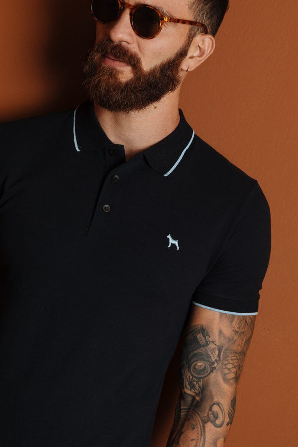 Polo Basica Fondo Entero Negro Raya Azul (Slim Fit)