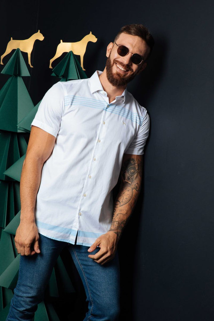 Camisa Manga Corta Blanca Rayas Azul Claro (Slim Fit)