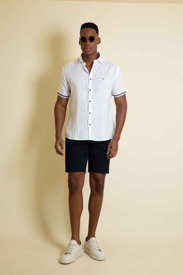 Camisa Manga Corta Lino Blanco Botones Azul Turquí (Modern Fit)