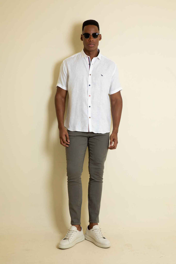 Camisa Manga Corta Lino Blanco - Botones Combinados (Modern Fit)