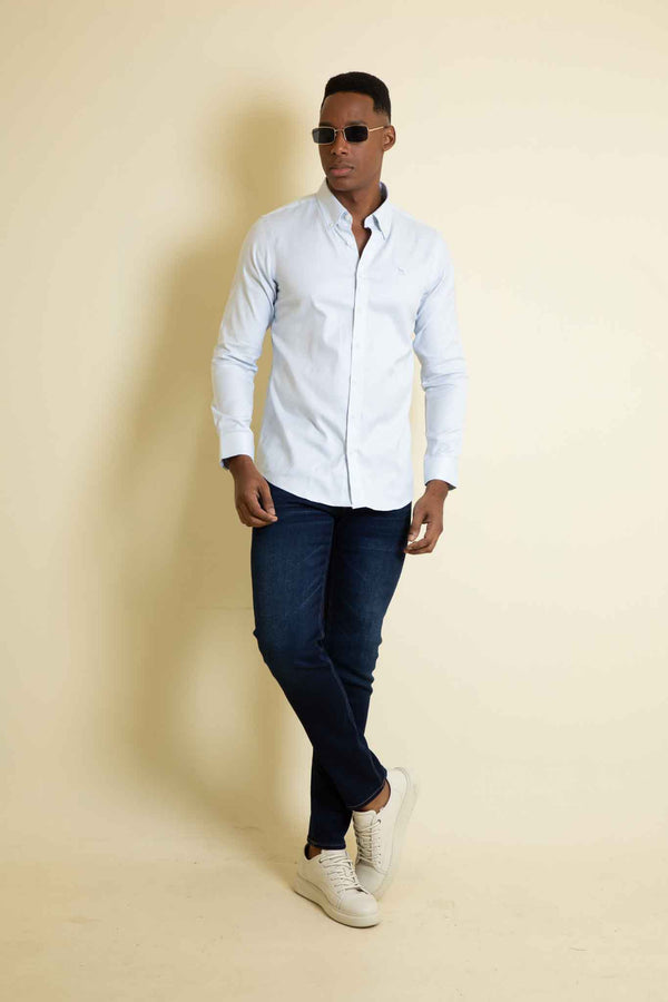 Camisa Manga Larga Oxford Mini-Cuadros Azul Claro