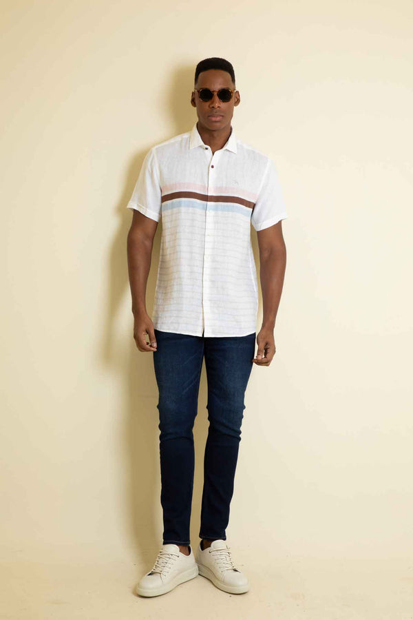 Camisa Manga Corta Lino Blanco - Rayas Pasteles (Modern Fit)