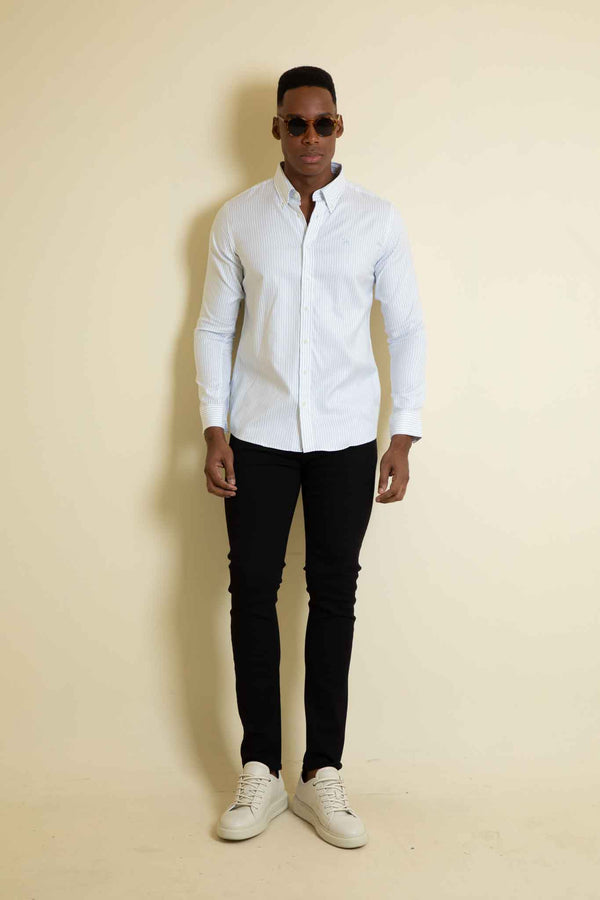 Camisa Manga Larga Oxford Rayas Azul Claro