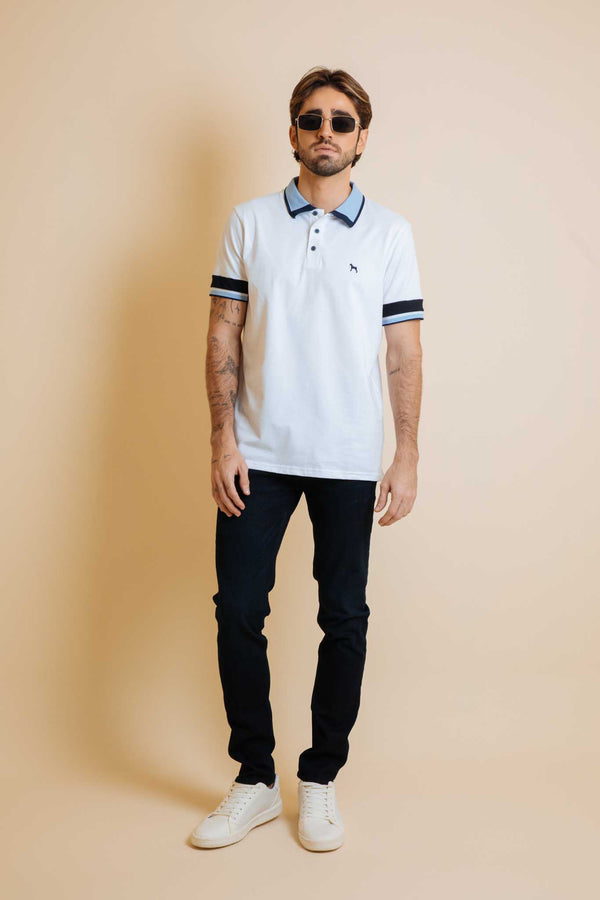 Polo Fashion Blanco - Rayas Cuello Azul (Custom Fit)