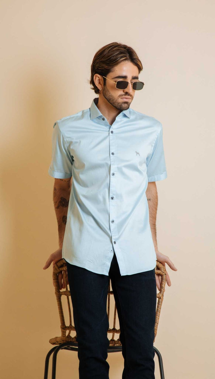 Camisa Manga Corta Fondo Entero Azul Turquí (Slim Fit) - Victor