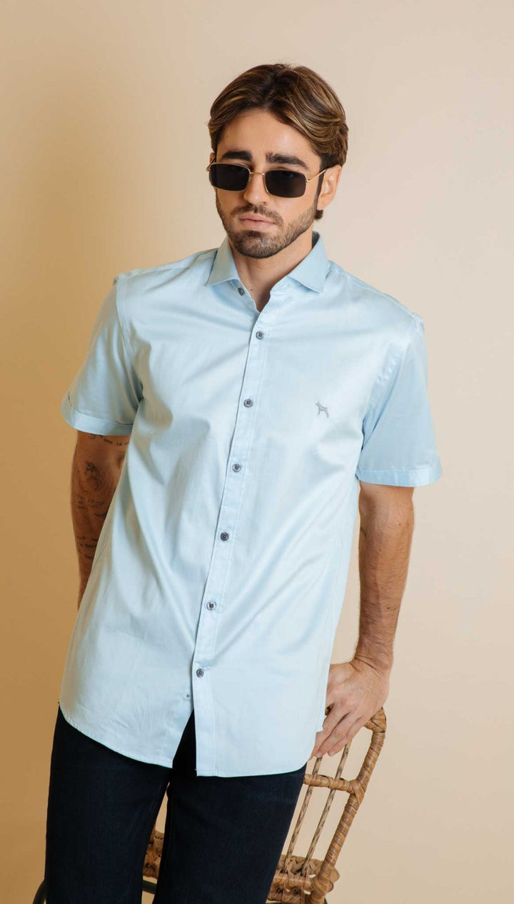 Camisa Manga Corta Fondo Entero Azul Turquí (Slim Fit) - Victor