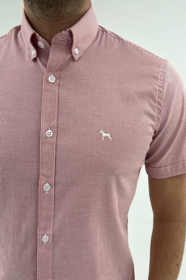 Camisa Manga Corta Rayas Rojo (Slim Fit) - Victor