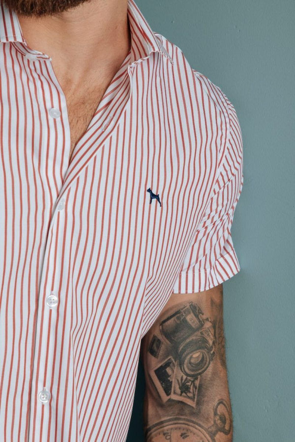 Camisa Manga Corta Rayas Rojo (Slim Fit)
