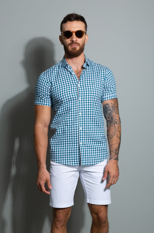 Camisa Manga Corta Cuadros Verde (Slim Fit)