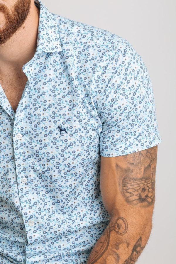 Camisa Manga Corta Flores Azul (Slim Fit) - Victor
