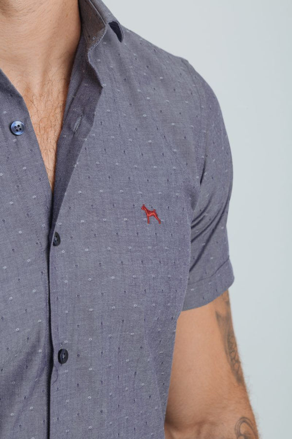 Camisa Manga Corta Gris Azul Estampada (Slim Fit) - Victor