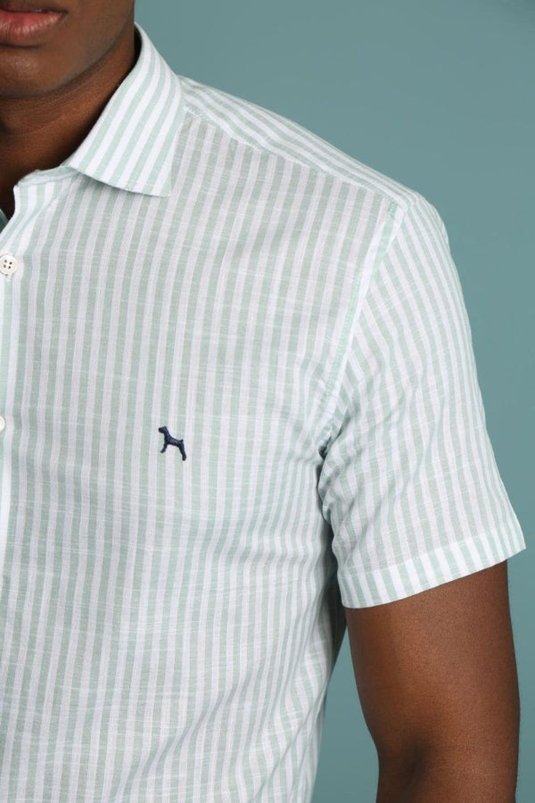 Camisa Manga Corta Rayas Verde Claro (Slim Fit)