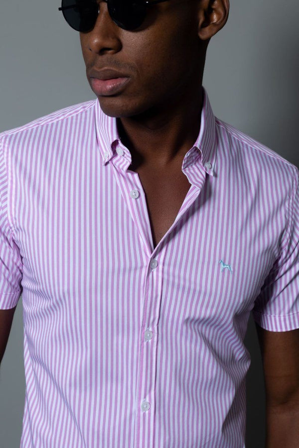 Camisa Manga Corta Rayas Rosada (Slim Fit) - Victor