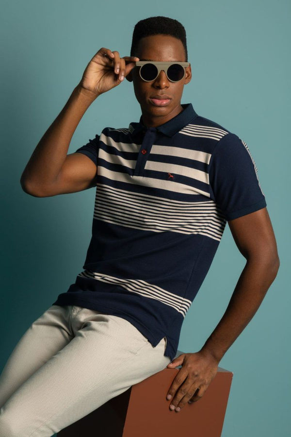 Polo Fashion Rayas Azul Turqui /Khaki (Custom Fit)