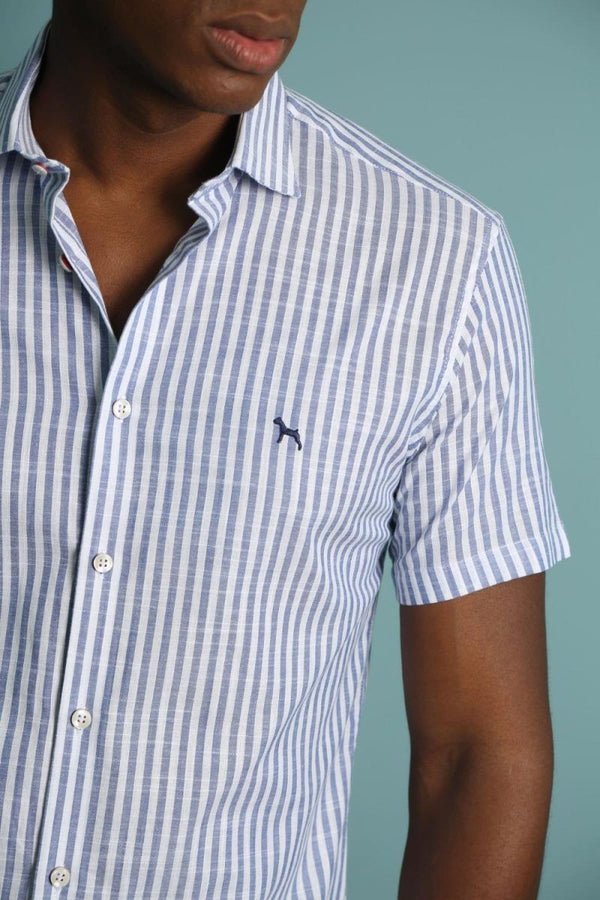 Camisa Manga Corta Rayas Azul Turqui (Slim Fit)