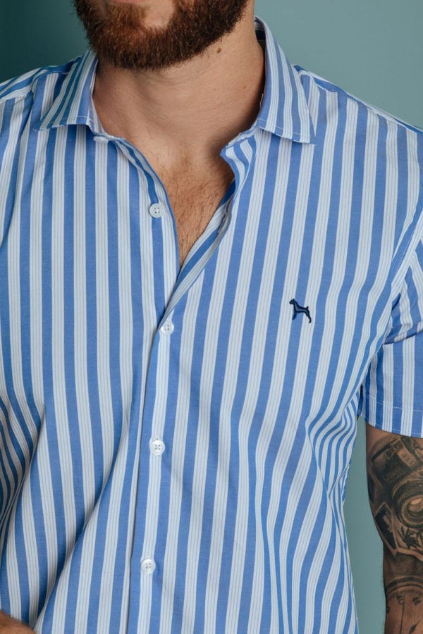 Camisa Manga Corta Rayas Azul (Slim Fit)