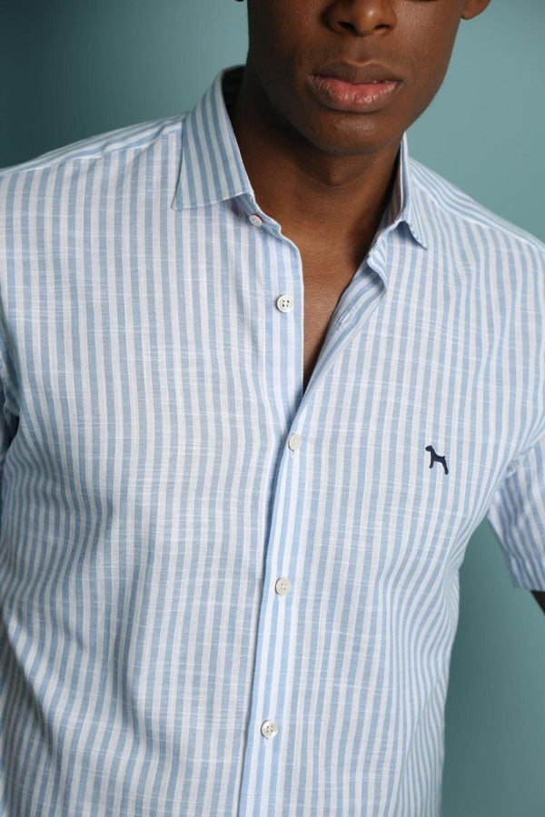 Camisa Manga Corta Rayas Azul Claro (Slim Fit)