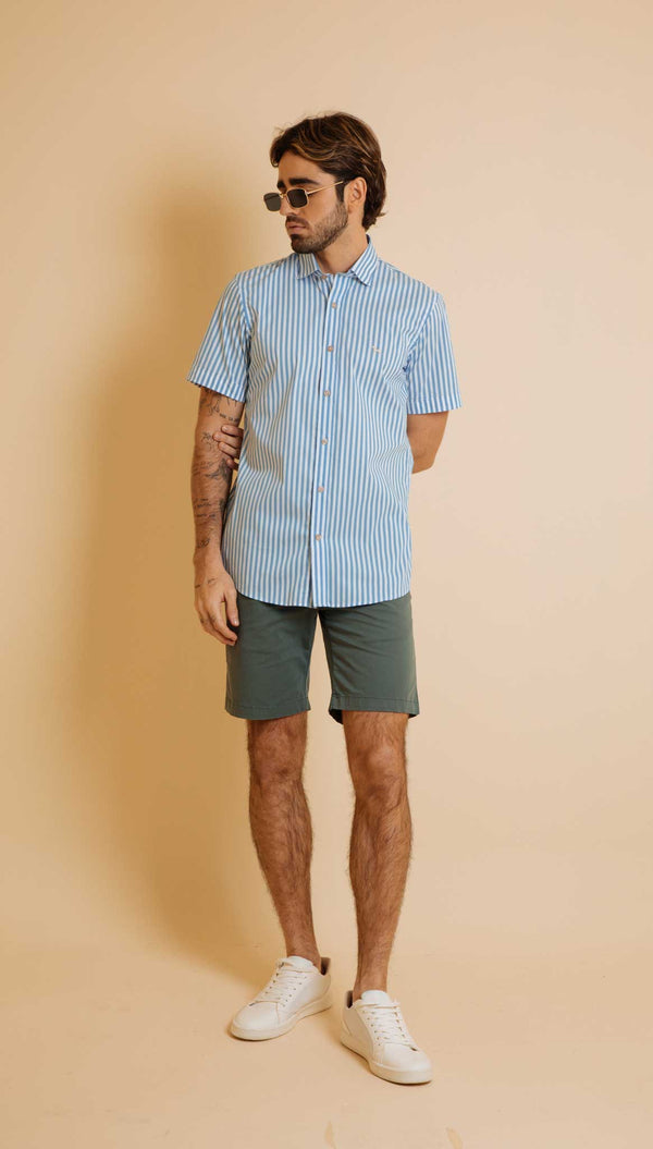 Camisa Manga Corta Rayas Delgadas Azul Claro