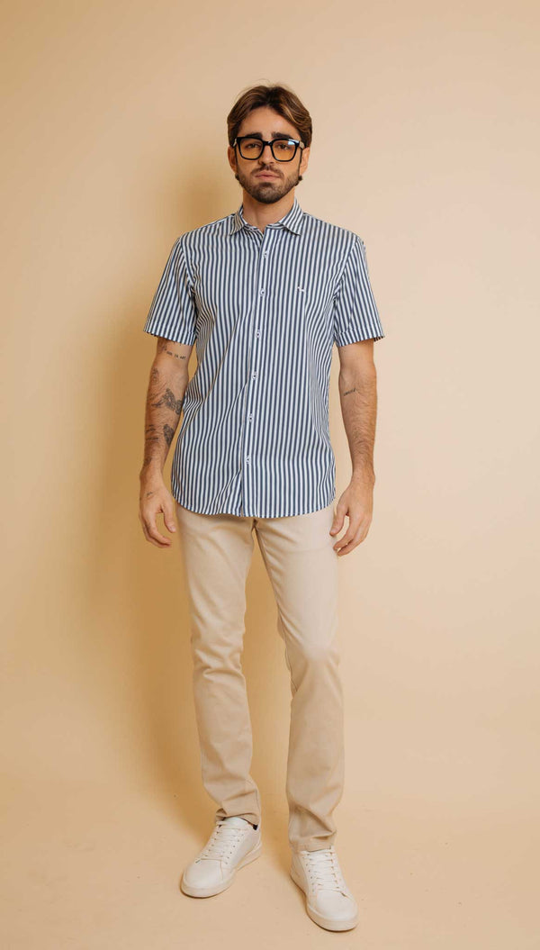 Camisa Manga Corta Rayas Delgadas Navy