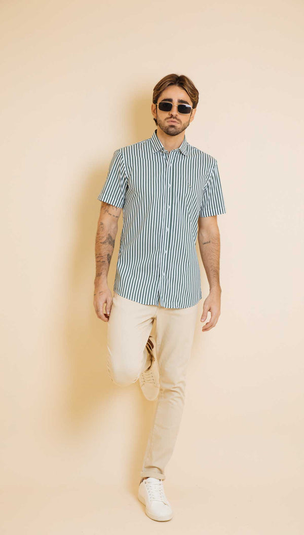 Camisa Manga Corta Rayas Delgadas Verde