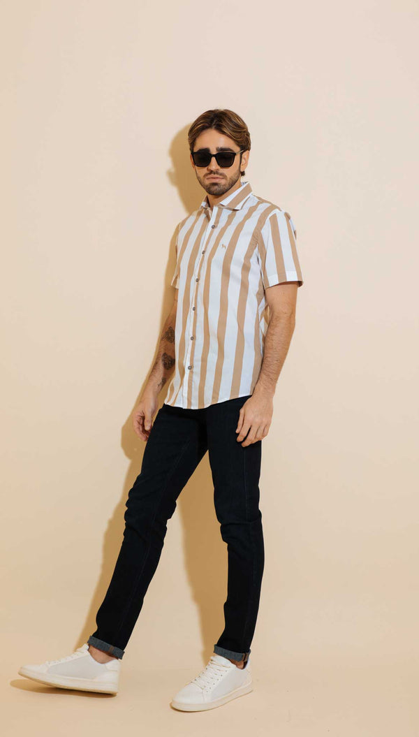 Camisa Manga Corta Rayas Gruesas Khaki