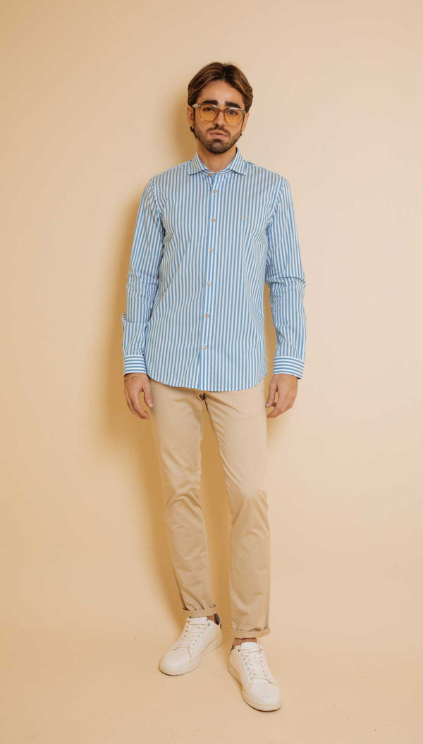 Camisa Manga Larga Rayas Delgadas Baby Blue (Slim Fit)